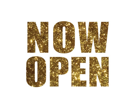Gradient golden isolated serif bold font word NOW OPEN