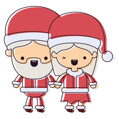 santa claus couple cartoon full body man and woman smiling watercolor silhouette on white background