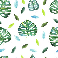 Watercolor tropical seamless pattern. Pattern with tropical leaves and branches. Perfect for design wedding cards,cover,wallpapers,patterns,invitations.