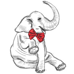 Sitting smiling elephant in a smart red bow.