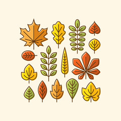 Colorful autumn leaves icons set.
