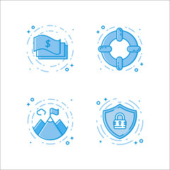 Vector business illustration in flat bold linear style. Set of line icons with cash, Lifebuoy, mountains, shield lock.