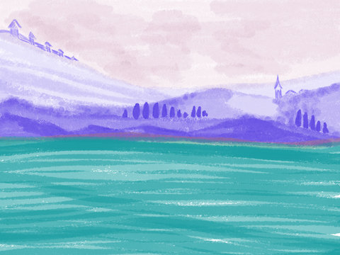 Colorful abstract hand drawn view of mountains with trees and lake on pink blush sky, landscape illustration in violet and blue color painted by watercolor, pen ink on canvas, high quality