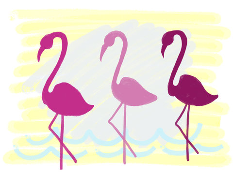 Colorful drawn bright flamingos for greeting card or advertisement on ocean theme yellow background, isolated cartoon illustration painted by pencil chalk, high quality
