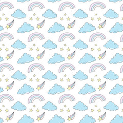 Seamless vector pattern with hand drawn clouds and rainbows.