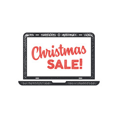 Christmas sale lettering and typography elements on laptop screen. Holiday Online shopping symbol. Stock vector illustration isolated on white background