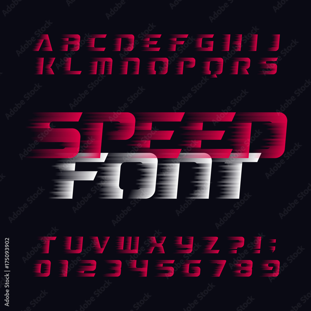 Poster speed alphabet vector font. wind effect type letters and numbers on a dark background. stock vector 