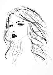 Beautiful woman's face with long wavy hair, black and white vector illustration
