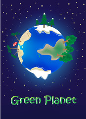 vector illustration trip around the world , green planet concept on the blue stars background vertical, text