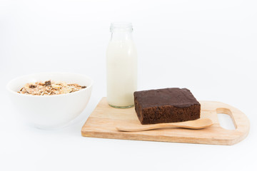 Cake chocolate brownies and milk