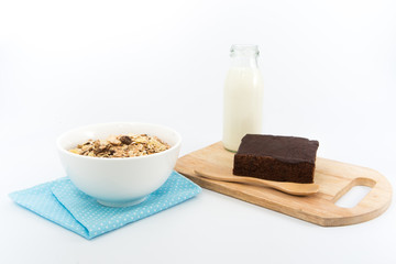 Cake chocolate brownies and milk