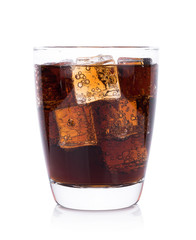 Cola in glass with ice cubes on white background