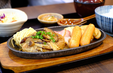 set hamburg steak with sausage,rice and salad