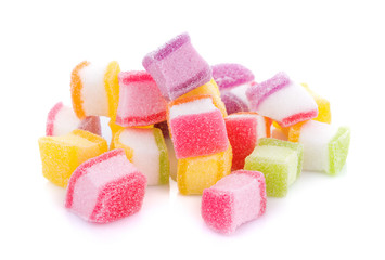 closeup colorful candy and jelly sweet on white