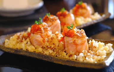 premium salmon sushi ontop with mentai sauce,  popular japan food