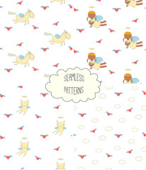 Set of four hand drawn cute seamless vector patterns with angel girl, winged cat, unicorn, hearts, clouds, on a white background.