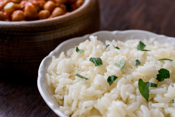 Bowl of  Cooked Rice with chana masala..