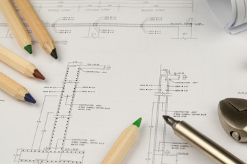 engineer construction business work concept : engineering blueprint diagrams paper drafting and industrial equipment