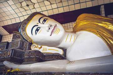 Beautiful face of Shwethalyaung Reclining Buddha, This is the most famous buddha in Bago, Myanmar © purplebear