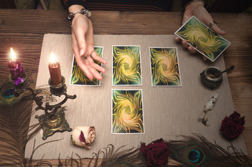 Tarot cards. Fortune teller desk table.