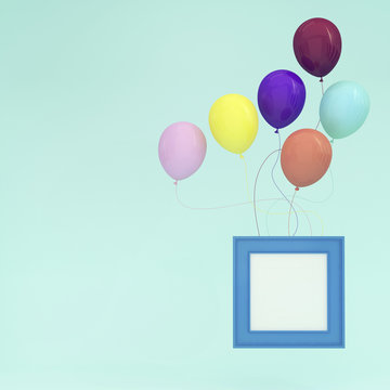 Colorful Balloons Floating with blue picture frame on light blue pastel background. minimal concept idea.