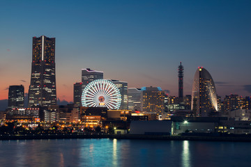 Yokohama City Port in the Sunset during winter season, Cityscape lighting view from Osan Bashi