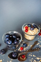 granola, oatmeal and fresh juicy berries cranberries and blueberries, concept of vegetarian healthy eating