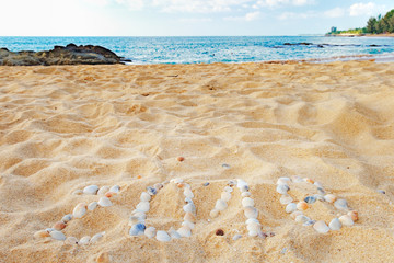 Tropical beach with wave rolling to shore and 2018 Happy New Year. Season vacation and new year concept