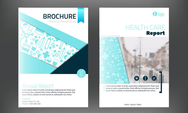 Medical Brochure Cover Template in blue colorwith blured photo on background. Flyer with inline medicine icons, Modern clean Infographic Concept for annual report. Vector