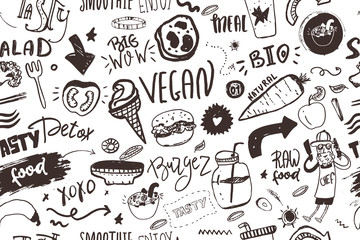 Seamless modern vegan pattern with healty food. Sketch hand drawn items. Hipster style.