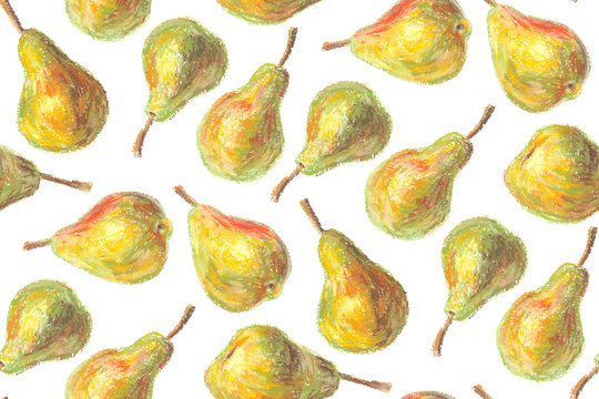 Crayon pears seamless pattern. Hand drawn artistic fruit repeatable background with oil pastels. Colorful illustration.