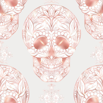Seamless pattern, background with human skull in rose gold colors.