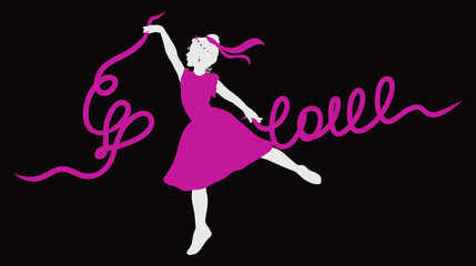 A young ballerina dancing with ribbons, love and heart