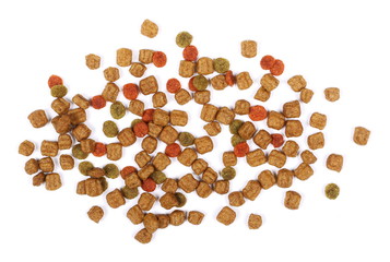 Dry dog food isolated on white background, top view