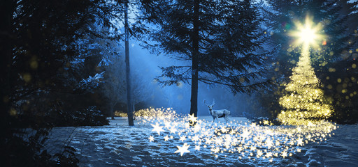 Weihnachtszauber nachts im Wald bei Mondlicht