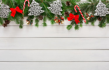 Christmas decoration, ornaments and garland frame background