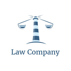 Vector logo template for law company. Unusual lawyer logotype. Sign of blue lighthouse with scales. EPS10.