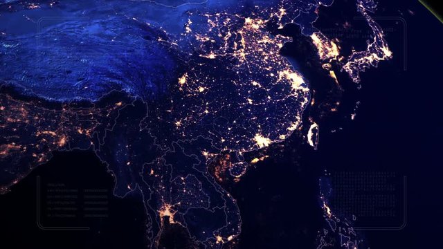 Hong Kong China Planet Earth intro.Flight to South Africa .HUD with digital data code.Futuristic cosmic opener. Good for headline news, TV show and techno advertisement. Tech background.