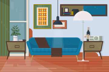 Living room with furniture. Armchair, couch, torchere, cupboard, sofa, painting. Isolated vector objects. Flat vector illustration