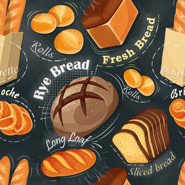 Bakery seamless pattern. Long loaf, rye bread, baguette, rolls, white bread, sliced bread, brioche. Vector illustration