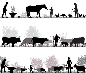 Silhouettes of farmers at work and farm animals