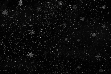Falling Christmas snow on a black background. Snowflakes, snowfall. Vector illustration.