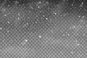 Falling Christmas Shining transparent beautiful snow isolated on the a transparent background. Snowflakes, snowfall. Vector illustration.