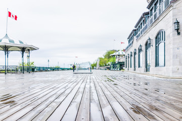 Old town view of Dufferin Terrace wooden boardwalk with benches, gazebo and nobody
