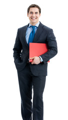 Businessman with red folder, isolated