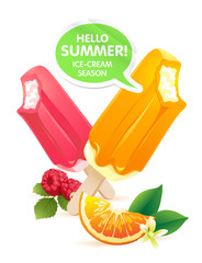 Vector illustration  Orange and raspberry popsicle ice-cream colorful poster