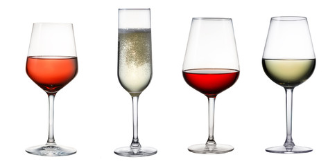 High glass with still white wine, sparkling wine and red and rose wine isolated on white background