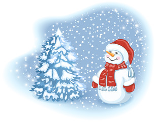 Christmas card with funny Snowman in Santa cap against snowfall background and christmas tree. Element for the New Year design.