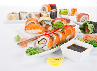 Japanese sushi set on white background.