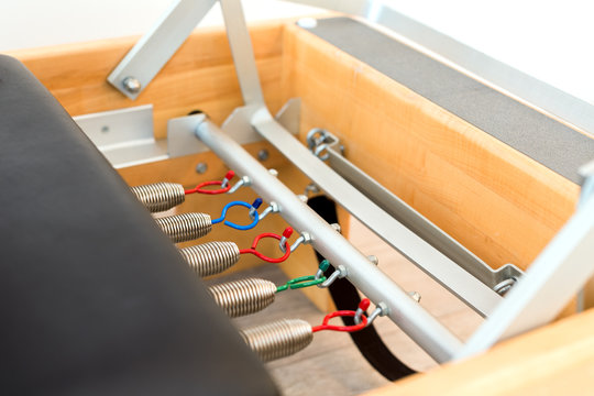 Coloured springs at the base of a Pilates Reformer